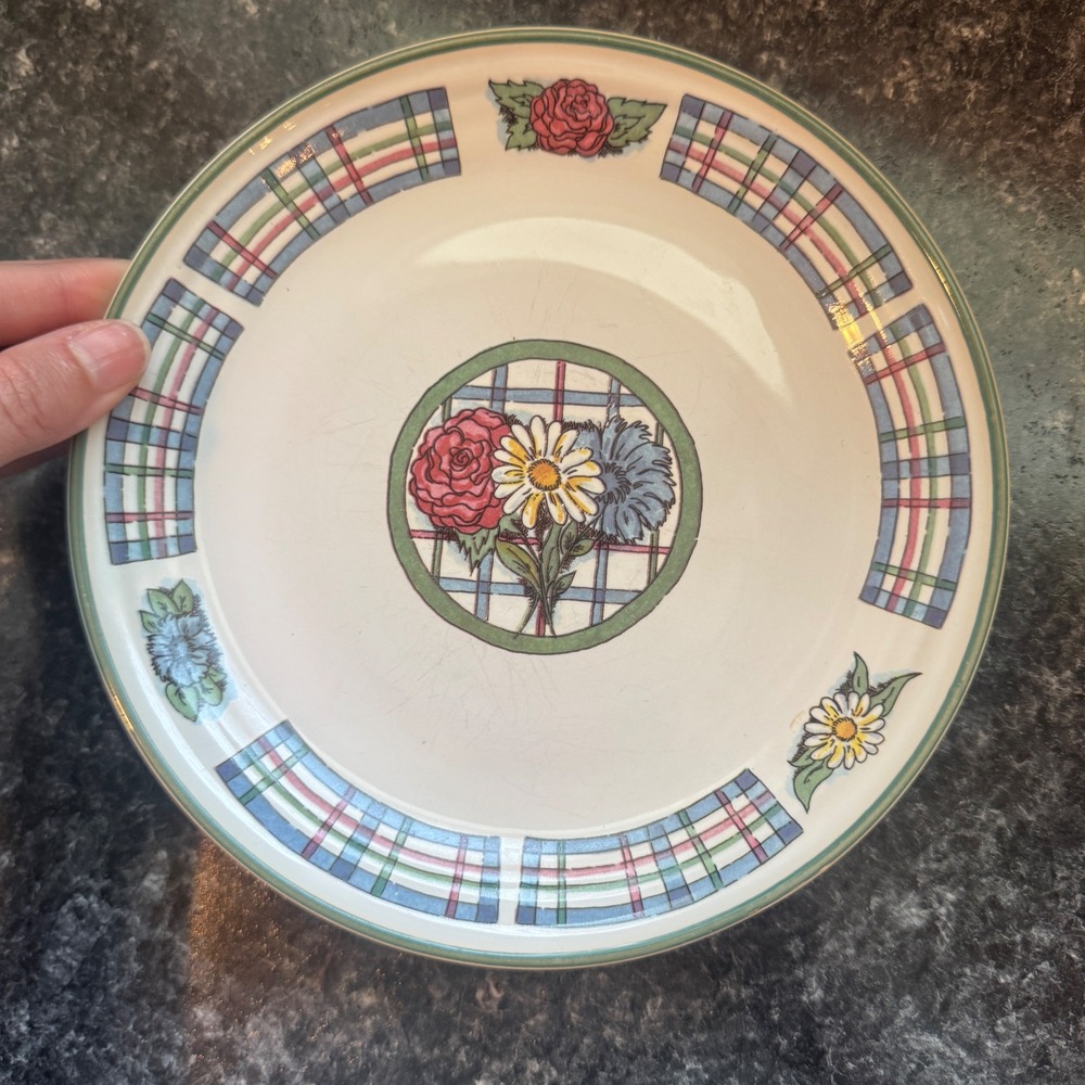 International Tableworks Stoneware Floral Plaid Salad Plate Set of 2 Cottagecore